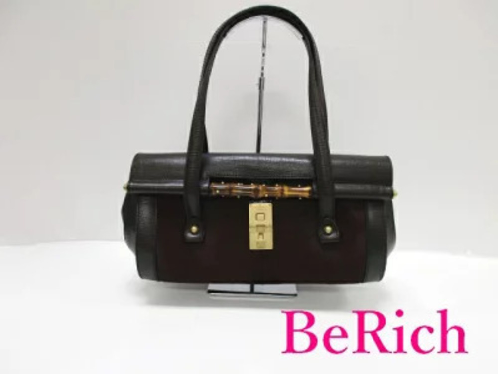 Gucci Boston Bag Shoulder Bamboo Brown Bordeaux Purple Fur Leather